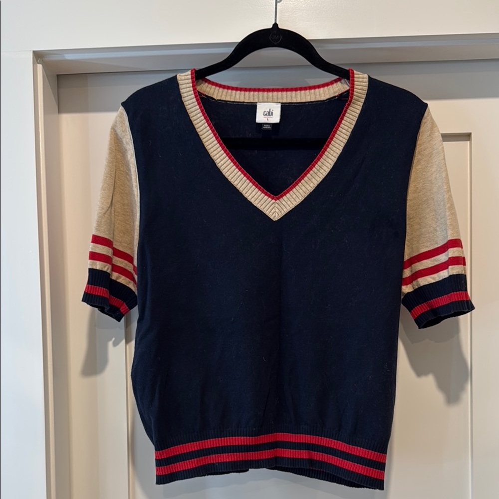 CAbi Navy and Beige V-Neck Sweater